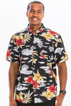 Men's black Hawaiian print vacation shirt, front view