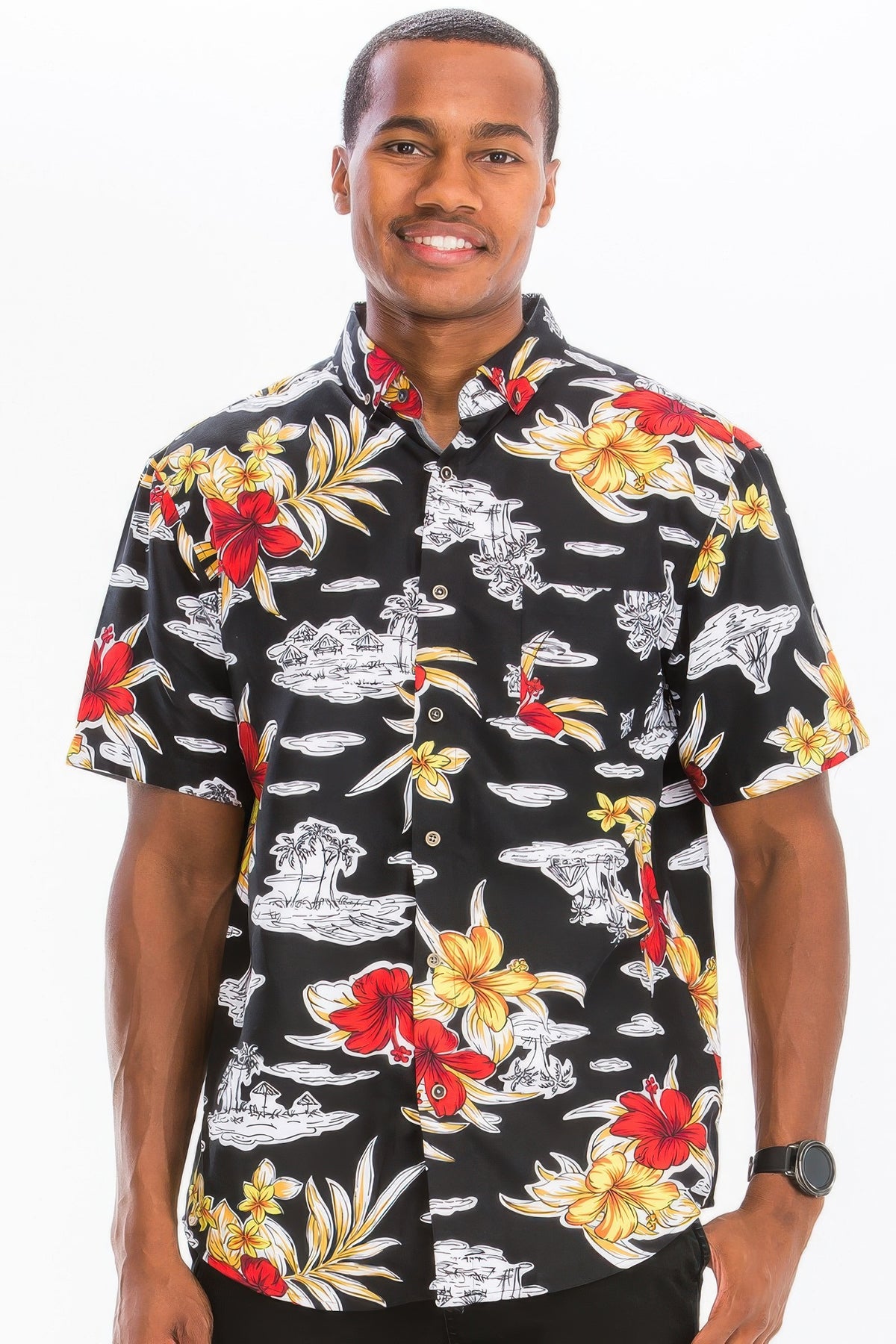 Men's black Hawaiian print vacation shirt, front view