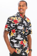 Men's black Hawaiian print vacation shirt, side view