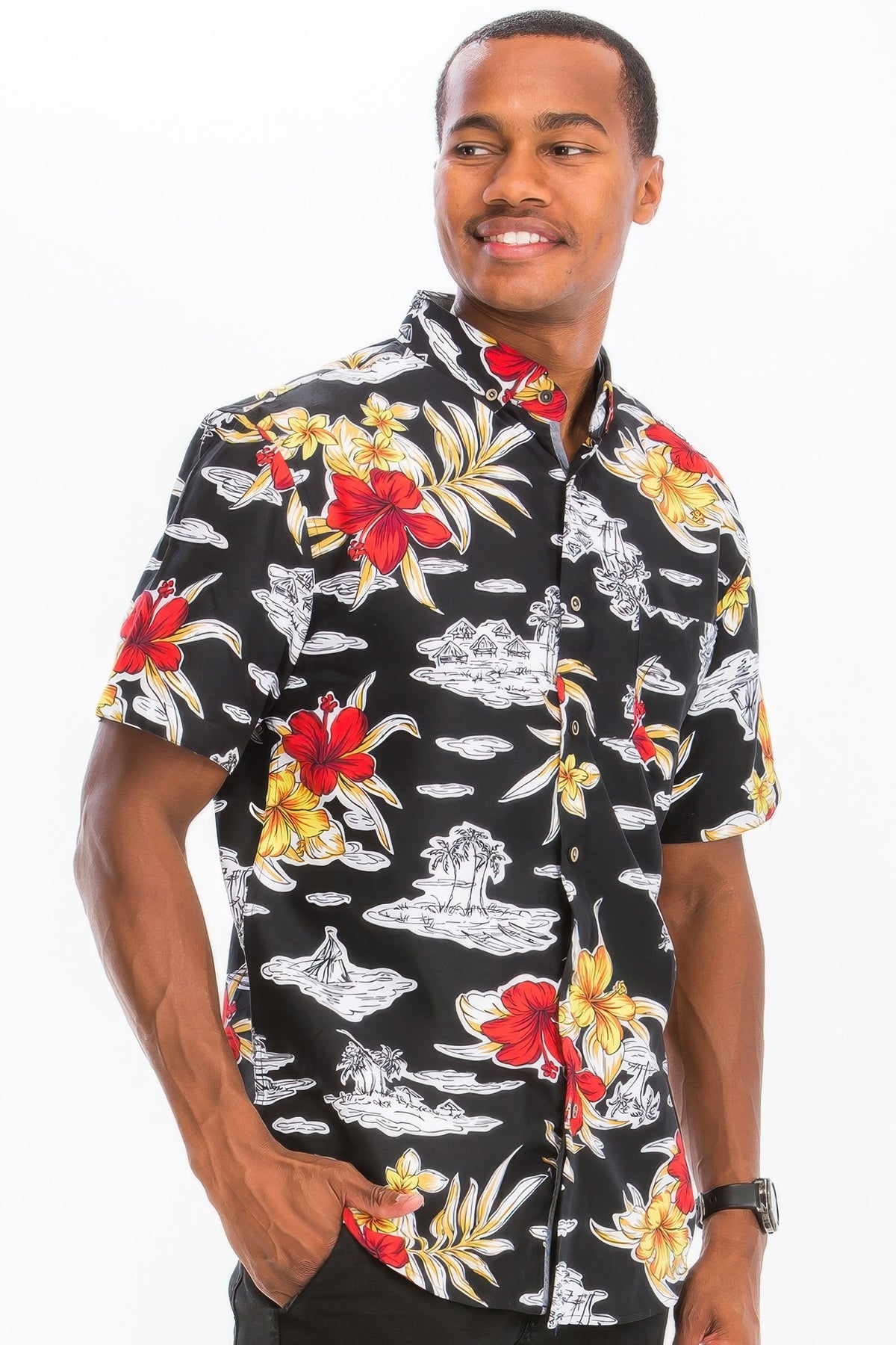 Men's black Hawaiian print vacation shirt, side view