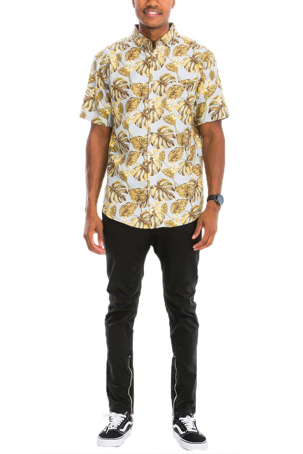 Men's Hawaiian print vacation shirt in multi print, back view