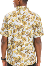 Print detail on men's multi-color Hawaiian vacation shirt