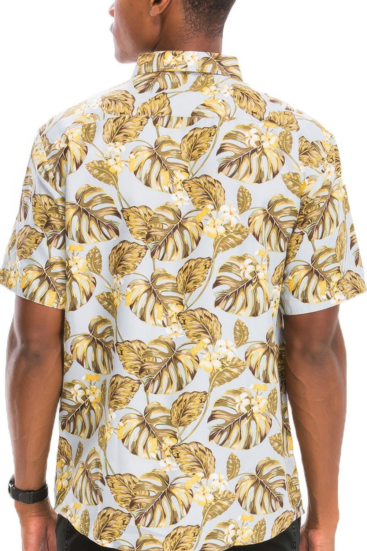 Print detail on men's multi-color Hawaiian vacation shirt
