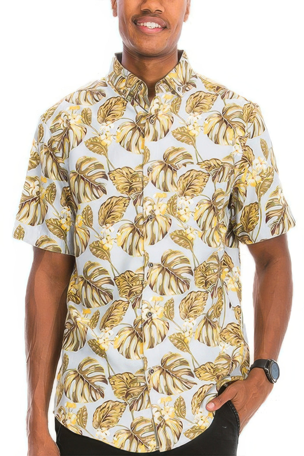 Men's Hawaiian print vacation shirt in multi print, front view