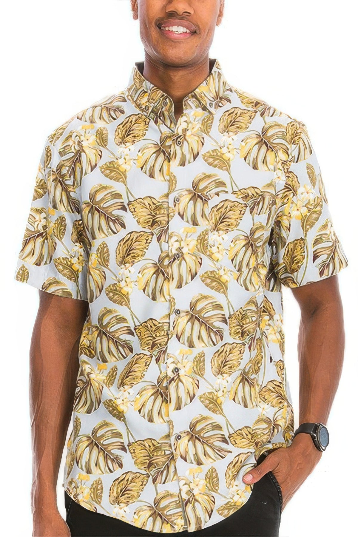 Men's Hawaiian print vacation shirt in multi print, front view