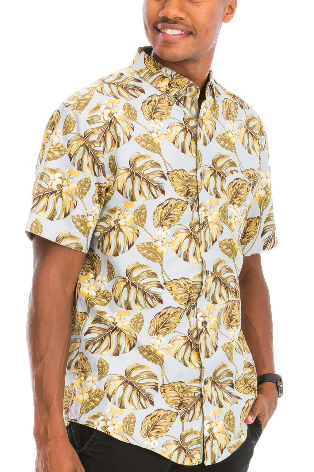 Men's Hawaiian print vacation shirt in multi print, side view
