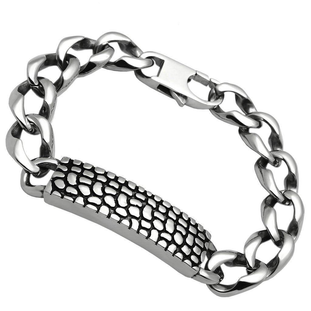 Men's high polished bracelet with textured center and chunky metal links for stylish accessorizing