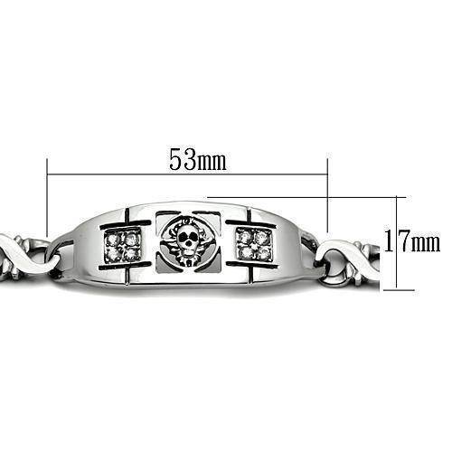 Stylish men's high polished bracelet featuring a skull design and dimensions of 53mm by 17mm