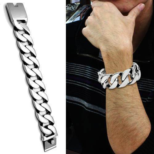 Men's high polished bracelet with a sleek design showcased on a model's wrist