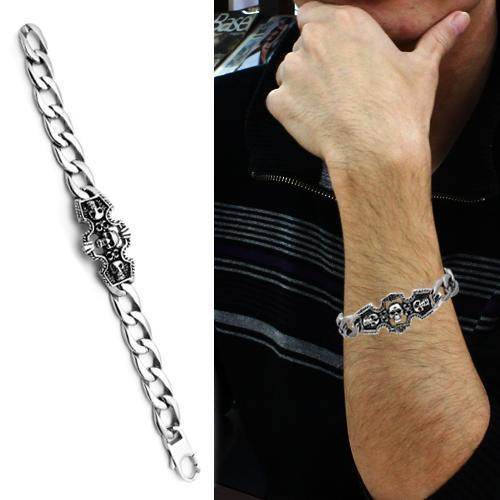 Men's high polished bracelet with a unique design, worn on a man's wrist for stylish accessory appeal