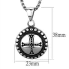 Men's high polished necklace featuring a circular pendant with a cross design and beaded border