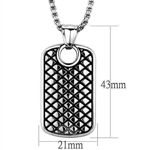 Men's high polished necklace featuring a black grid design dog tag pendant on a silver chain