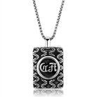 Men's high polished necklace featuring a rectangular pendant with intricate design and monogram detail