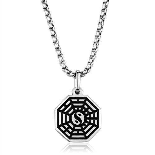 Men's high polished necklace featuring a black and silver yin-yang pendant on a sleek chain