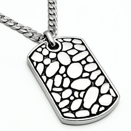 Men's high polished necklace with a modern dog tag design featuring a textured stone pattern