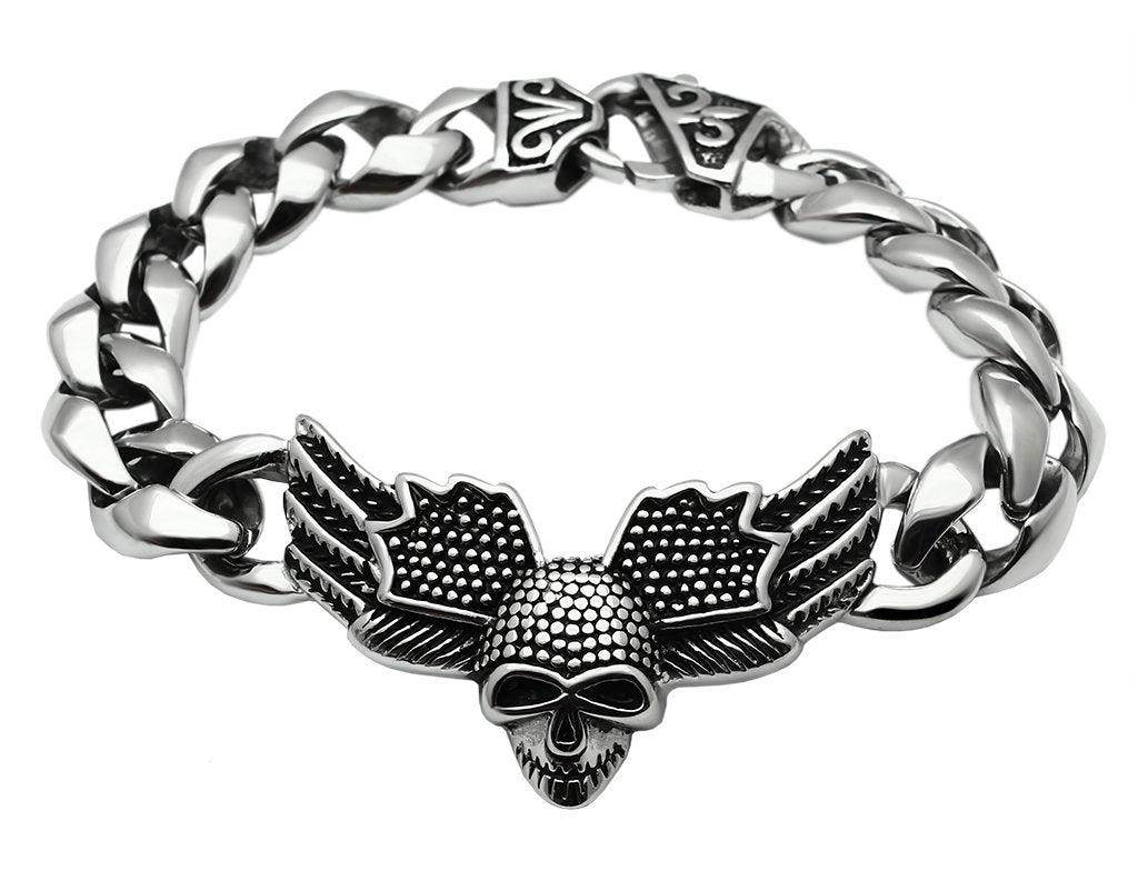 VacationGrabs men's high polished skull bracelet with detailed wing design and sturdy chain