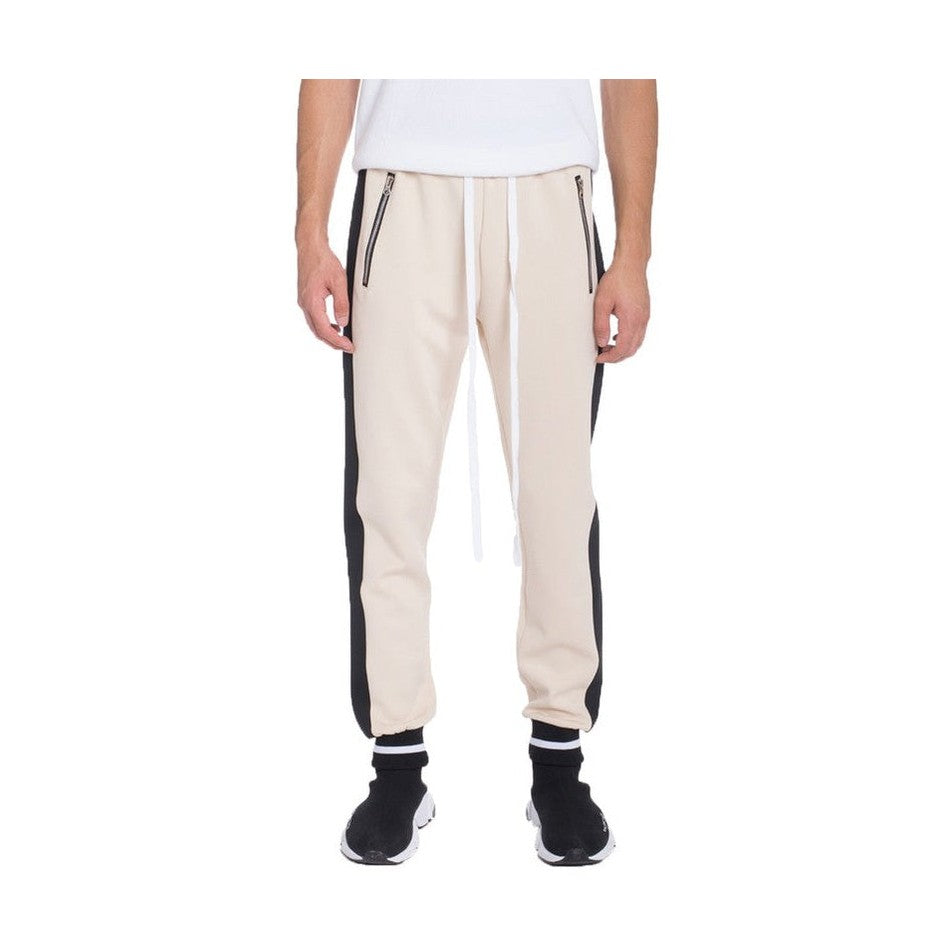 WEIV mens jogger sweatpants in beige with black side panels and zippered pockets