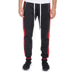 WEIV black and red mens jogger sweatpants with white drawstrings and side zipper pockets