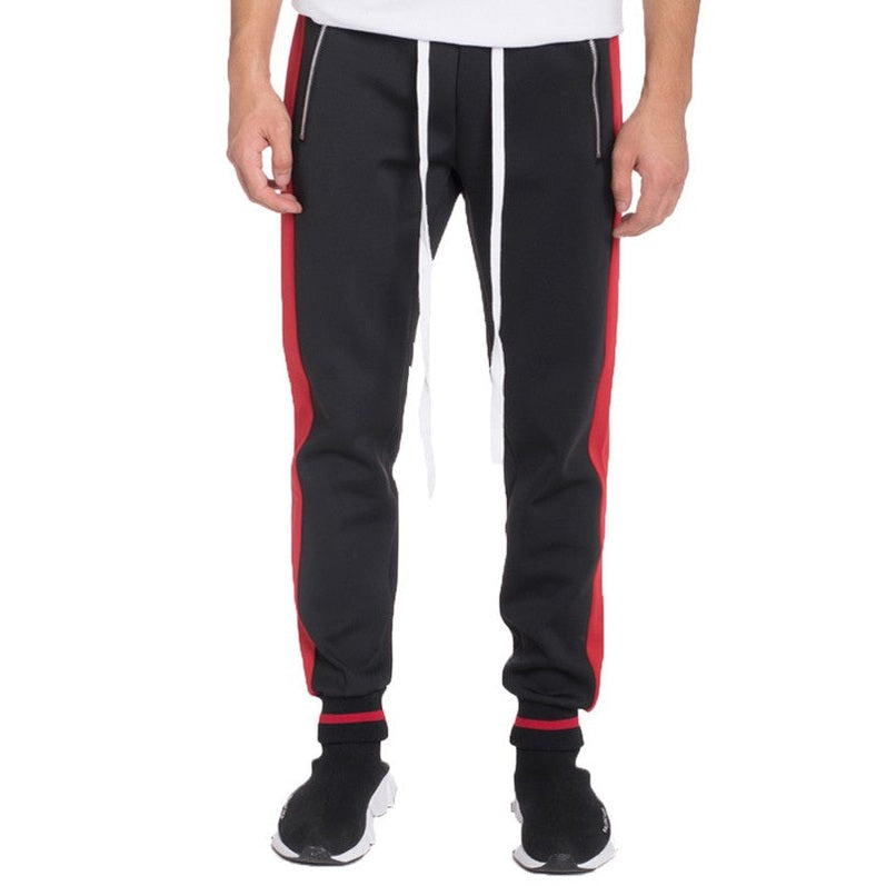 WEIV black and red mens jogger sweatpants with white drawstrings and side zipper pockets
