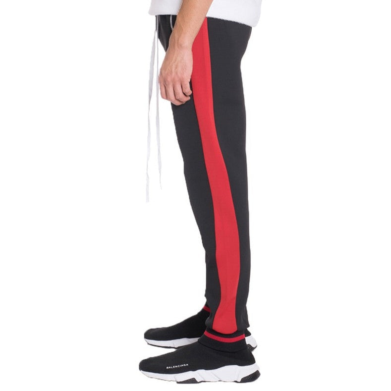 WEIV mens jogger sweatpants in black with red side stripe and elastic cuffs
