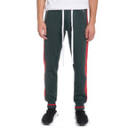 WEIV mens jogger sweatpants in dark green with red side stripes and white drawstring
