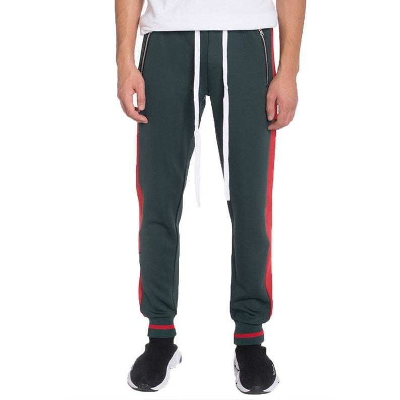 WEIV mens jogger sweatpants in dark green with red side stripes and white drawstring