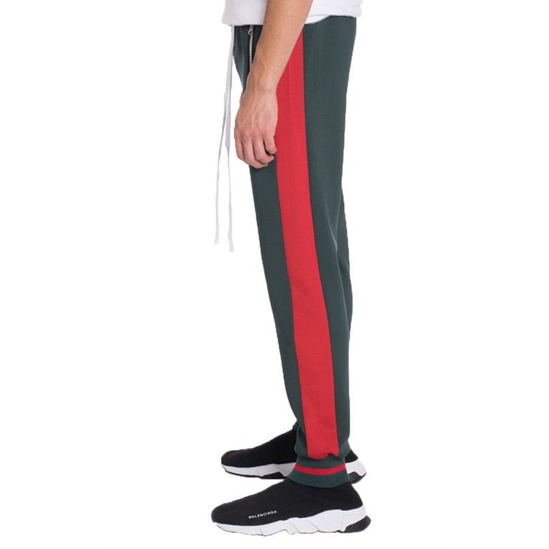 WEIV mens jogger sweatpants with dark green and red stripe design side view