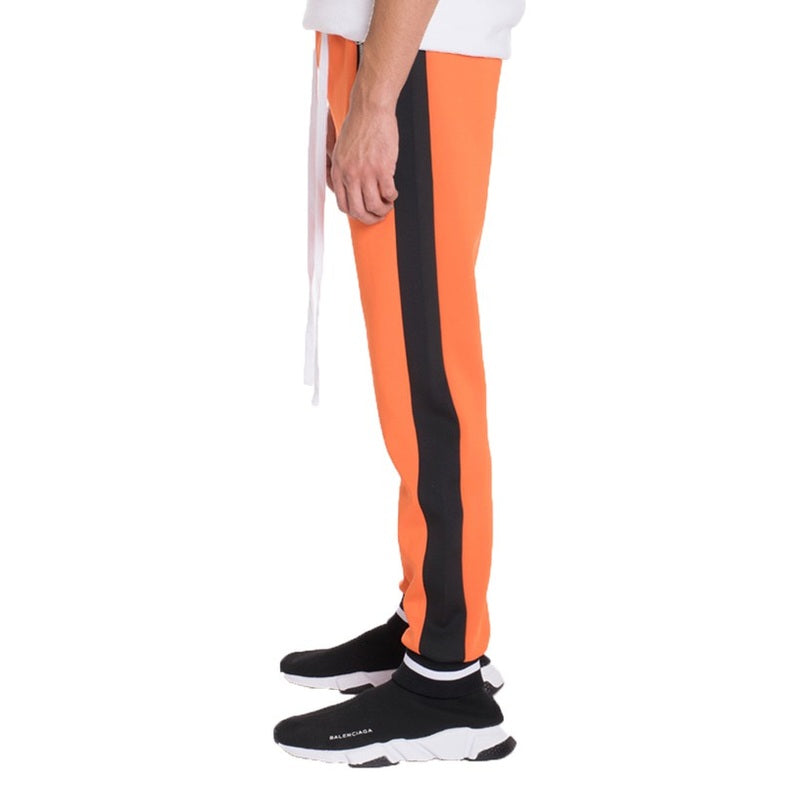 WEIV mens jogger sweatpants in bright orange with black side stripe and white drawstring
