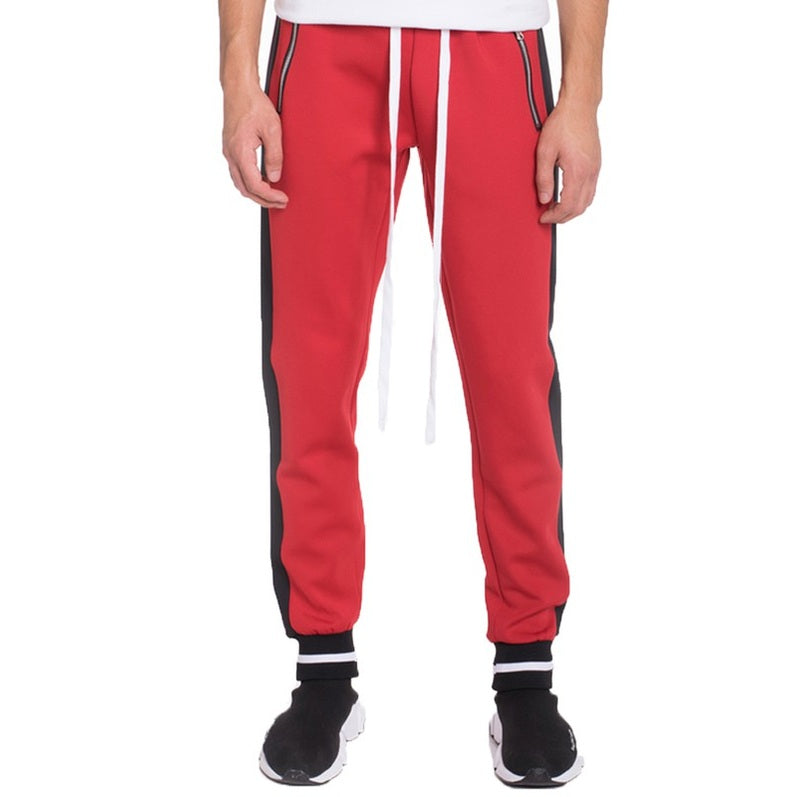 Red and black mens jogger sweatpants with side stripes and zippered pockets by WEIV