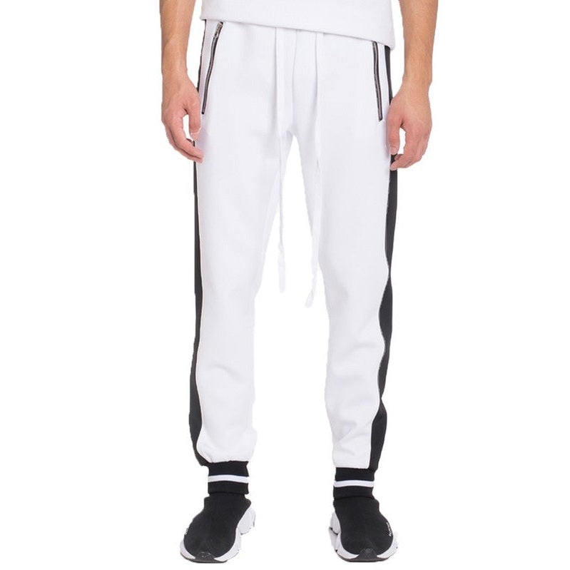WEIV mens jogger sweatpants in white with black side panels and zipper pockets