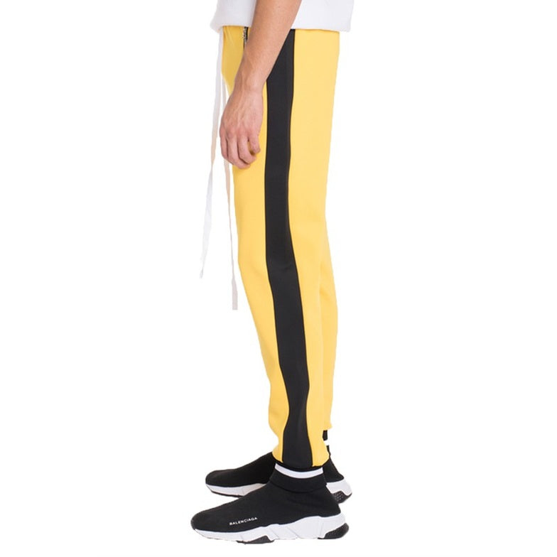 WEIV mens jogger sweatpants in yellow with black side stripe and white drawstring