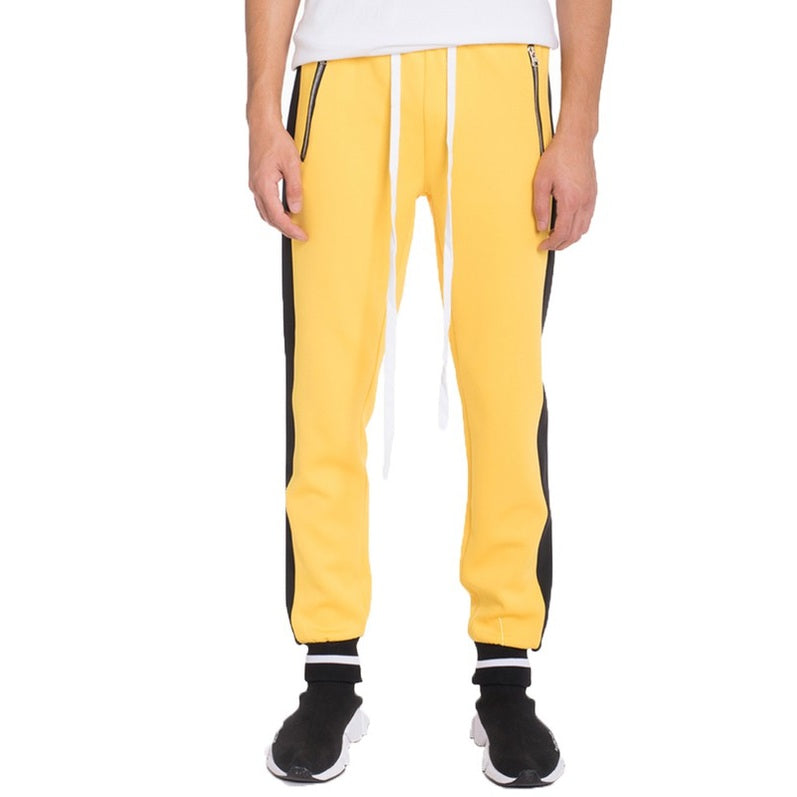 WEIV mens jogger sweatpants in yellow with black side stripes and white drawstrings