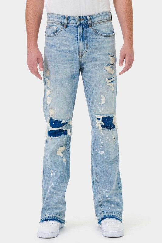 The Native Men's Distressed Denim Jeans Blue Pants Destroyed Knees Slim Fit Ankle  Zippers