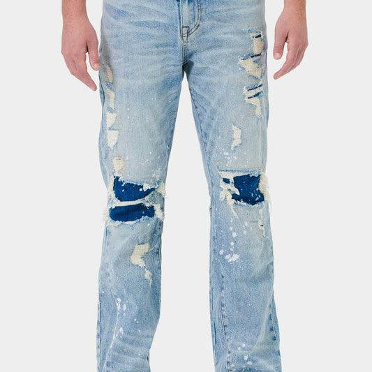 Men's Pants - Jeans Mens Knee Destroyed Slim Flare Denim Jeans