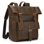 Mens leather backpack 17 inch in brown with adjustable straps and front pocket for stylish travel
