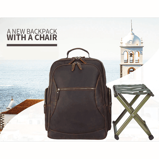 Mens leather backpack chair combo featuring spacious compartments and a foldable chair for outdoor convenience