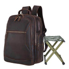 Mens leather backpack chair combo featuring spacious compartments and a portable folding stool