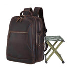 Mens leather backpack chair combo featuring spacious compartments and a portable folding stool