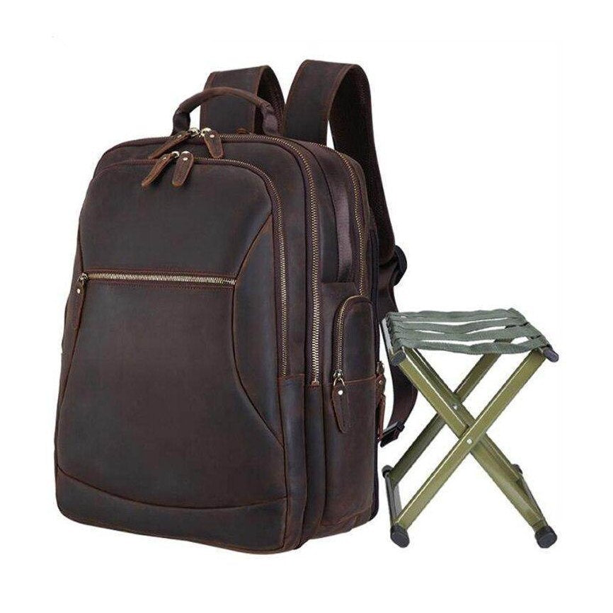 Mens leather backpack chair combo featuring spacious compartments and a portable folding stool