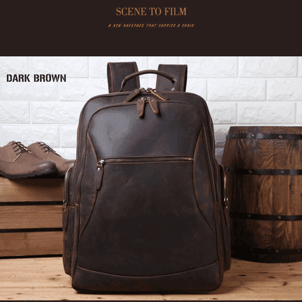 Mens leather backpack chair combo in dark brown, stylish and functional for travel and daily use