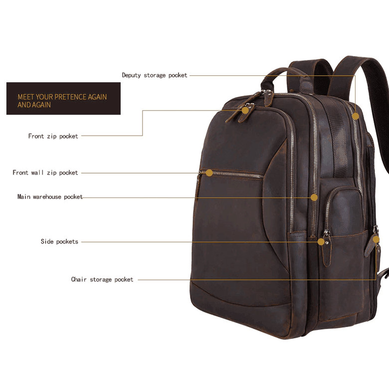 VacationGrabs mens leather backpack chair combo featuring multiple pockets for convenient storage