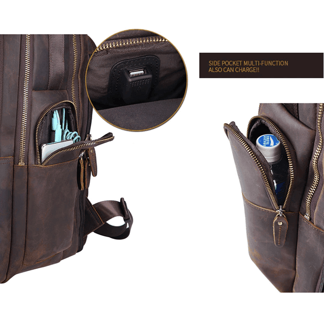 Mens leather backpack chair combo with side pockets for multifunctional use and charging capability