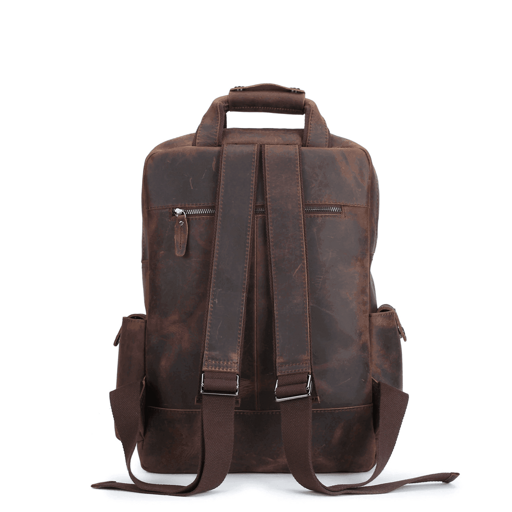Mens leather backpack large in brown with adjustable straps and multiple pockets for travel