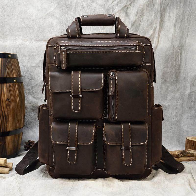 VacationGrabs mens leather backpack large with multiple pockets and a vintage design