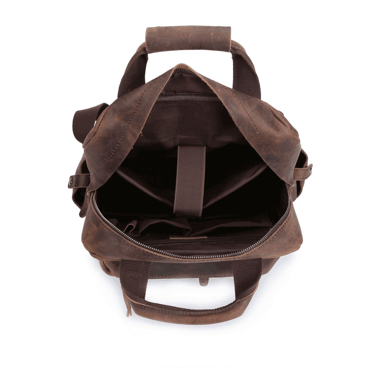 Inside view of the mens leather backpack large featuring spacious compartments and organizational pockets