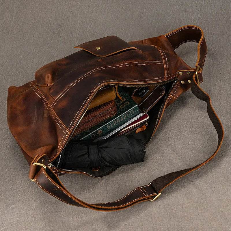 men's leather chest bag, brown, versatile for travel and daily use