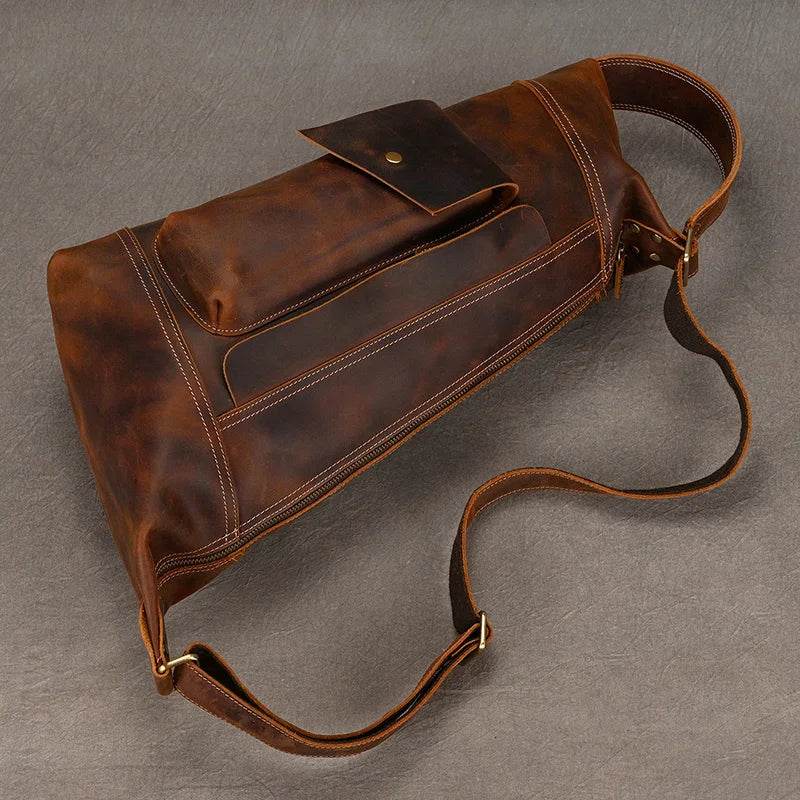 men's leather chest bag, brown, stylish travel accessory