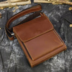 Brown mens leather crossbody bags with adjustable strap and front flap for everyday use