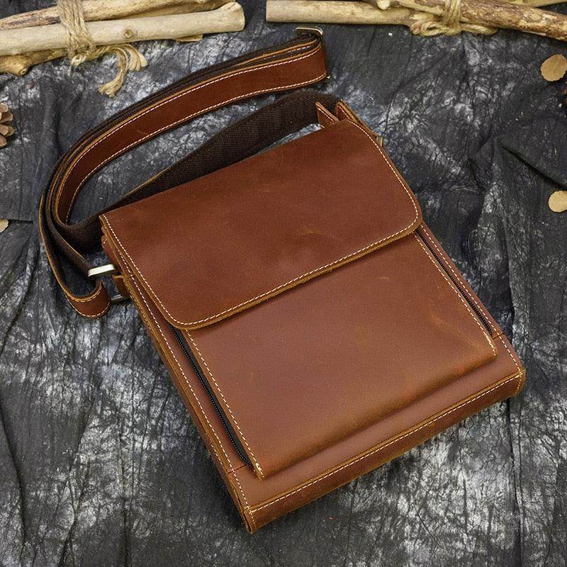 Brown mens leather crossbody bags with adjustable strap and front flap for everyday use