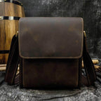 Men's leather crossbody bags in dark brown with stylish flap for everyday use